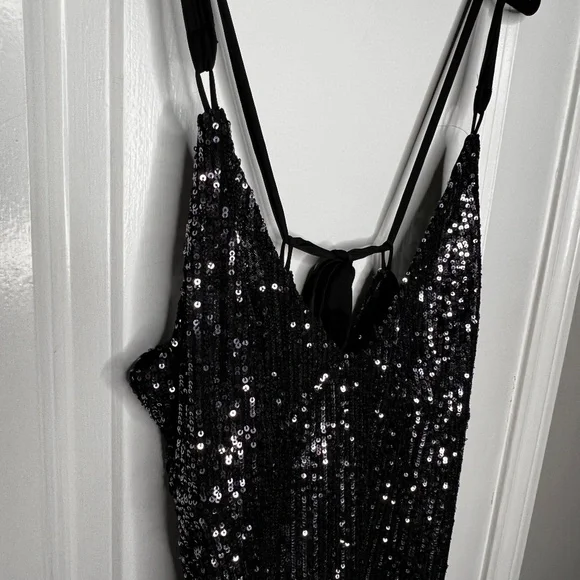 FREE PEOPLE Gold Rush Mini DRESS Size Small Black Sequin Strappy - Picture 6 of 9